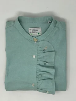 CAMICIA PAOLINA COREANA CON VOLANTS RICAMATO A MANO OXFORD VERDE