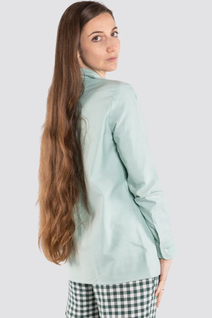 CAMICIA PAOLINA COREANA CON VOLANTS RICAMATO A MANO OXFORD VERDE