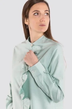 CAMICIA PAOLINA COREANA CON VOLANTS RICAMATO A MANO OXFORD VERDE