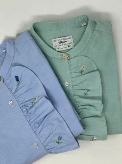 CAMICIA PAOLINA COREANA CON VOLANTS RICAMATO A MANO OXFORD VERDE