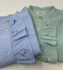 CAMICIA PAOLINA COREANA CON VOLANTS RICAMATO A MANO OXFORD VERDE