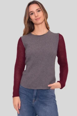 MAGLIONE BETTY GRIGIO MANICHE TRAPUNTATE BORDEAUX
