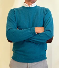 MAGLIONE "OSCAR" GIROCOLLO LANA MERINO FINE TOPPE IN CAMOSCIO